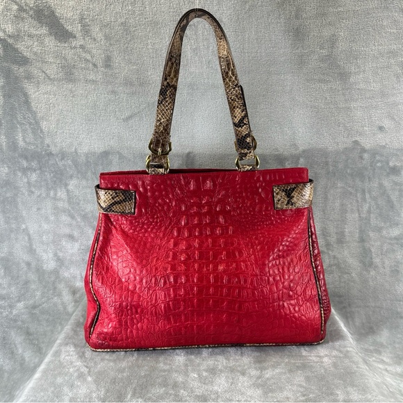 Fontanelli Handbag Purse Red Leather Croc Embossed w/ Snake Skin Trim - Picture 2 of 14